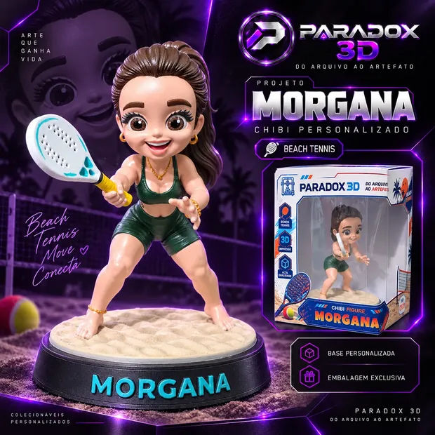 Chibi personalizado da Morgana: figura em conjunto verde com raquete de beach tennis, sobre base texturizada de areia com o nome em relevo