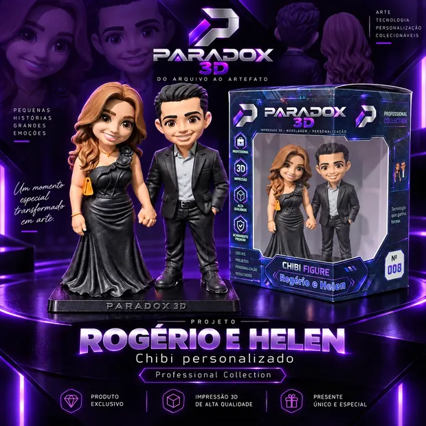 Chibis personalizados do casal Rogério e Helen: figura feminina de vestido longo preto com aplicação floral e figura masculina de terno escuro, de mãos dadas sobre base com a marca PARADOX 3D