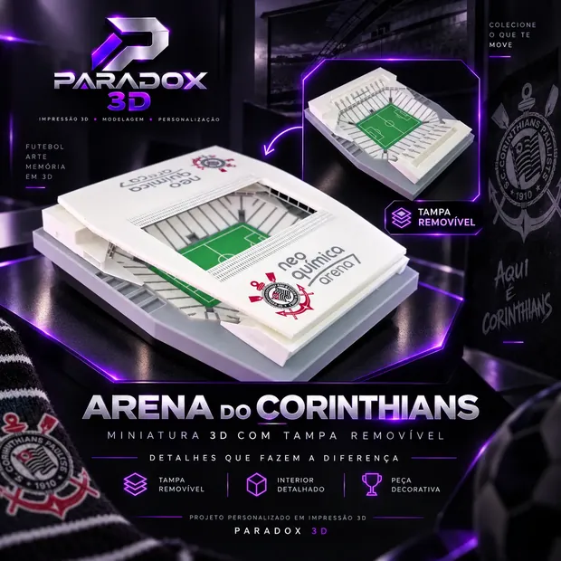 Miniatura em impressão 3D da Arena do Corinthians: estrutura retangular branca com a fachada do estádio e, ao lado, a versão sem a tampa revelando arquibancadas e campo