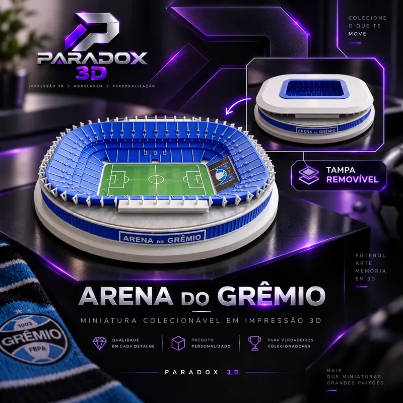 Miniatura em impressão 3D da Arena do Grêmio, com arquibancadas azuis e campo verde