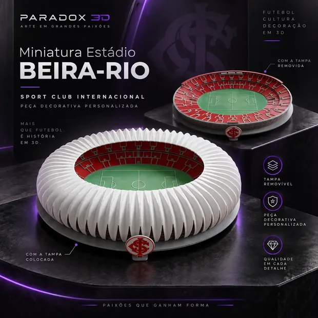 Miniatura em impressão 3D do Estádio Beira-Rio: peça com a cobertura branca em leque e, ao lado, a versão sem a tampa mostrando as arquibancadas vermelhas e o campo