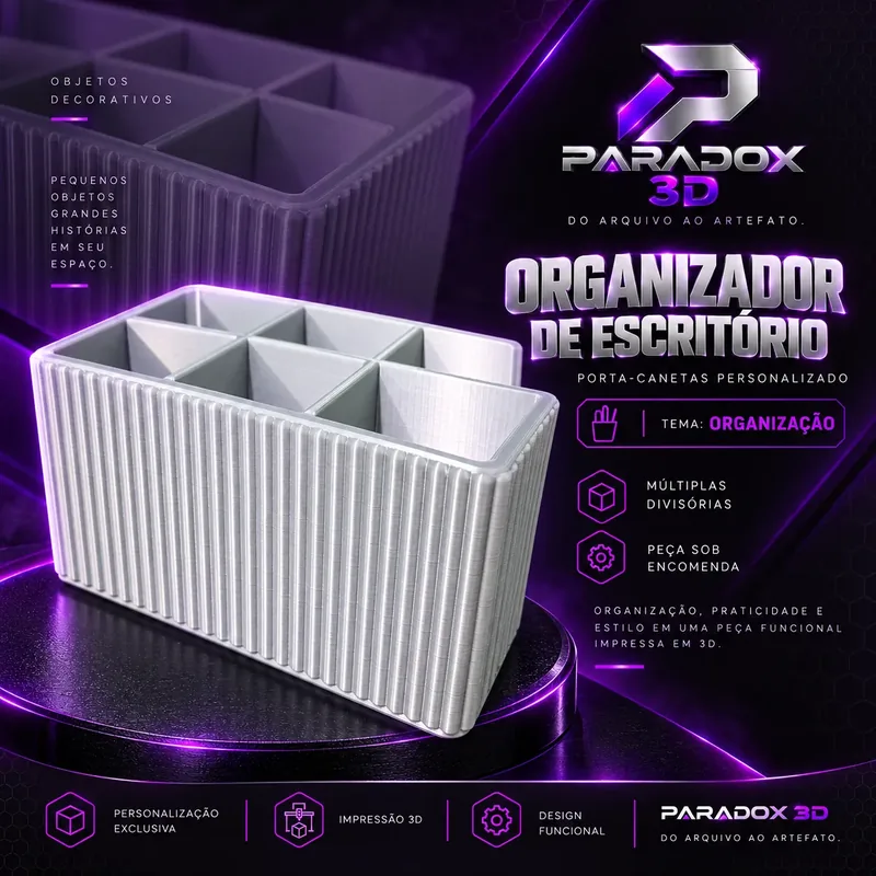 Organizador de escritório impresso em 3D pela PARADOX 3D, com ranhuras verticais e compartimentos internos