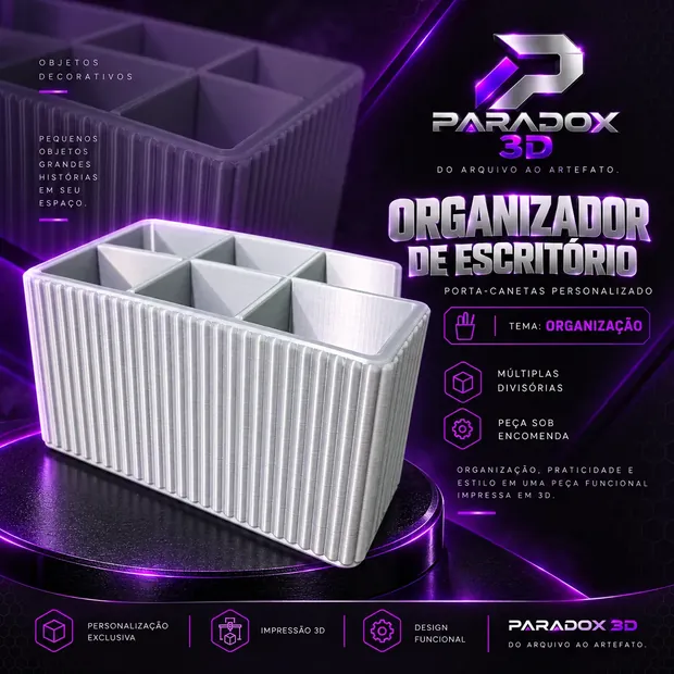 Organizador de escritório impresso em 3D: peça retangular branca com textura de ranhuras verticais e seis compartimentos internos para canetas e objetos