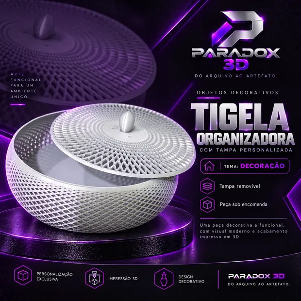 Tigela organizadora impressa em 3D: peça arredondada branca com estrutura vazada em losangos e tampa removível com pegador central