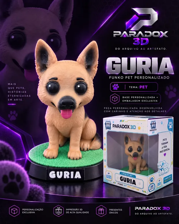 Pet personalizado Guria: figura 3D de uma cadela pastor alemão sentada, com orelhas em pé e língua de fora, sobre base de gramado com o nome em relevo
