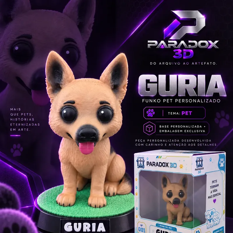 Pet personalizado da PARADOX 3D: figura de uma cadela pastor alemão sentada sobre base de gramado com o nome em relevo